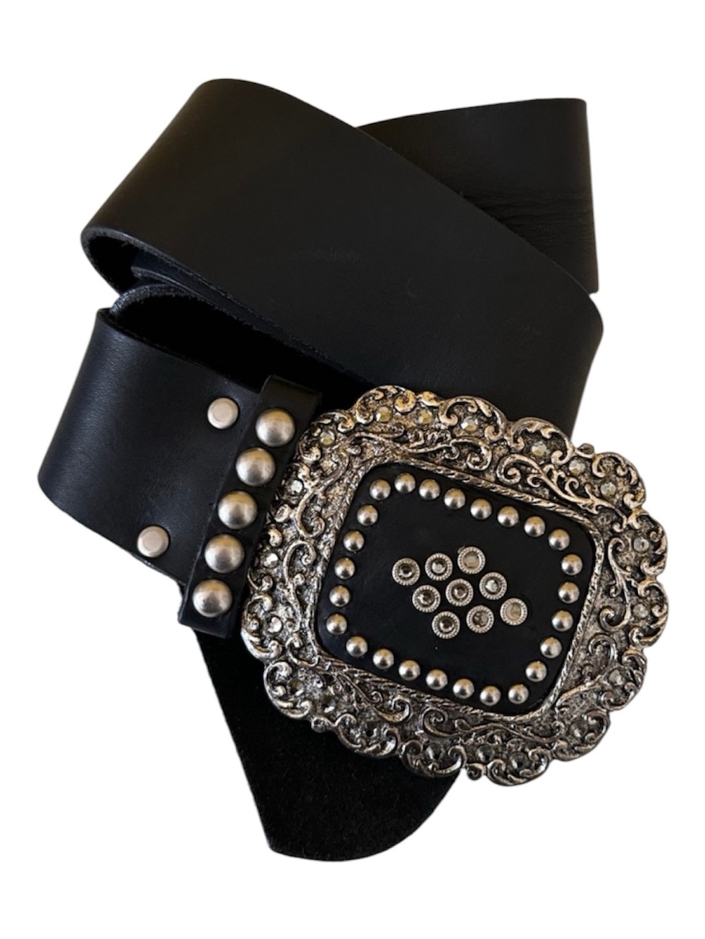 VTG Leatherock Black Leather Belt Ornate Silver-tone Buckle Stud Details XL / 1X